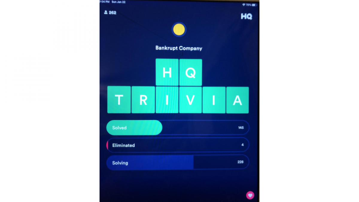 A screenshot from the next to last game of HQ Trivia from January 2023, reading 'Bankrupt Company'