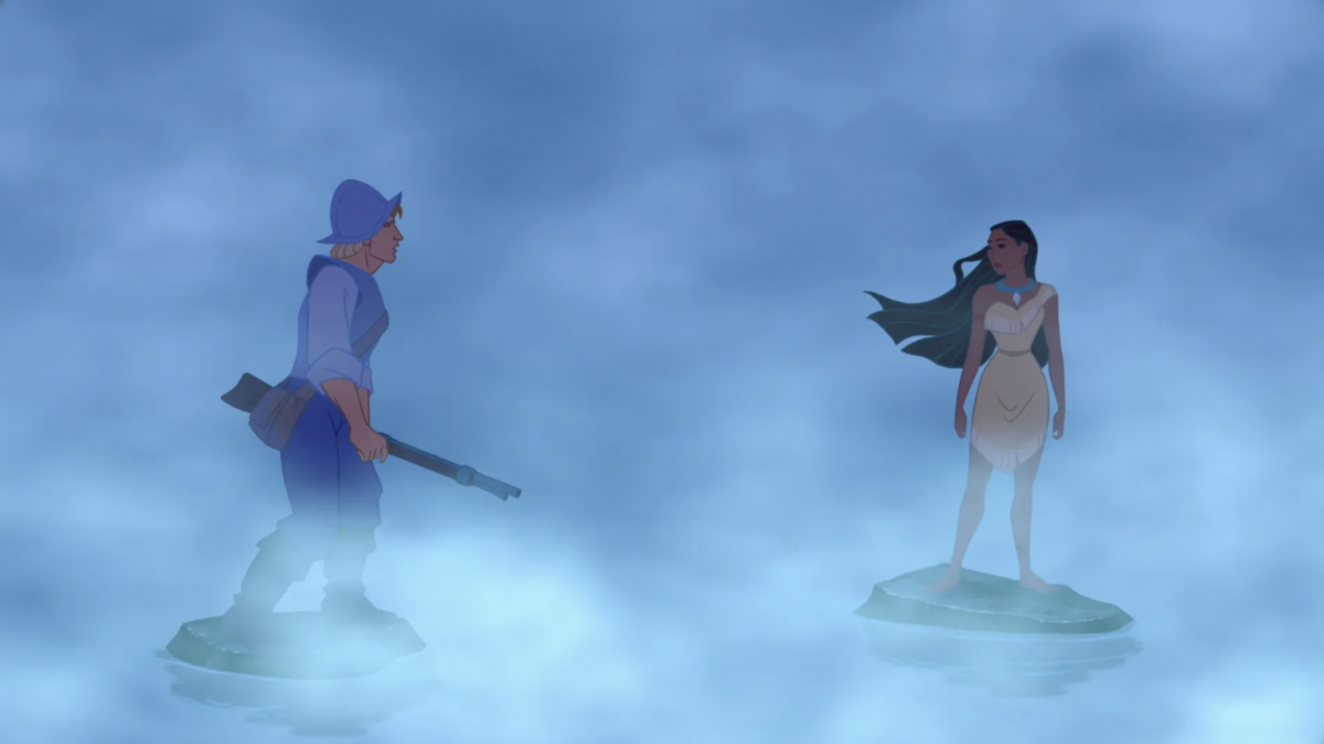 still from Disney's Pocahontas (1995) depicting the characters of Pocahontas and John Smith