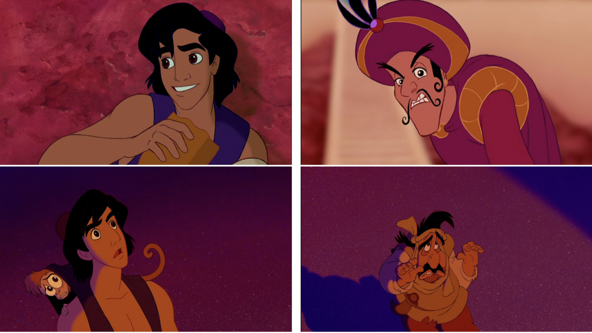 four panels featuring animated characters from Disney's Aladdin