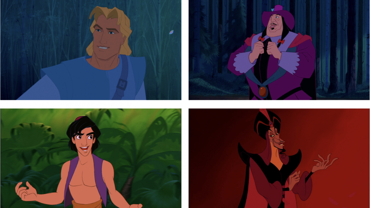 four panels featuring animated characters John Smith, Governor Ratcliffe, Aladdin, and Jafar