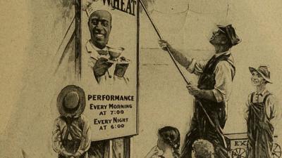 Black and white image of a man placing a "Cream of Wheat" ad on a billboard with a number of children observing in the background.
