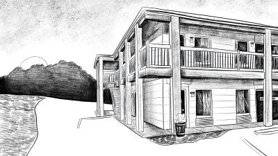 a black and white pen and ink drawing of a motel