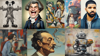 a collection of different AI-generated images including the rapper drake, mickey mouse, a robot with a hamburger, and work that resembles picasso and that of hayao miyazaki 