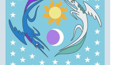 A design of two unicorns flying in the sky with the sun and moon in the middle of the image. Stars surrounding the ponies as they fly in a formation reminiscent of the yin-yang symbology. 