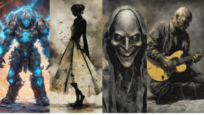 four frames of AI-generated images including an animated superhero, a femme figure in a dress, a skeletal figure in a hood, and a monster playing guitar