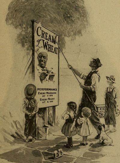 Black and white image of a man placing a "Cream of Wheat" ad on a billboard with a number of children observing in the background.