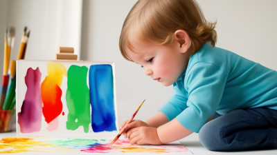 a toddler paints using a brush