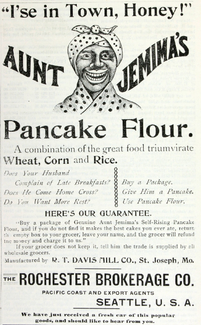 Label of Aunt Jemima's Pancake Flour with representation of Aunt Jemima on the cover at the top