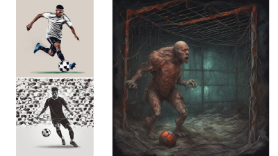 AI generated images of two people playing football and, on the right, a monster playing football