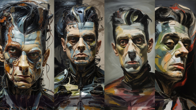 a human like figure in four different frames with blue and green hues on their face, resembling frankenstein