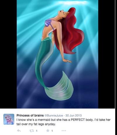 @BunnieJuice shares a picture of Ariel from The Little Mermaid, explaining that she has the perfect body and would gladly replace her legs with Ariel's tail.