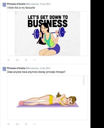 @BunnieJuice shares two images of Disney princesses working out. The first is Mulan squatting, with "Let's get down to business" in the background of the image. The second is Belle from Beauty and the Beast, doing side planks.