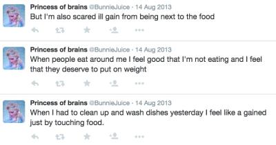 Three tweets by @BunnieJuice. First: "Buy I'm also scared I'll gain from being next to food." Second: "When people eat around me I feel good that I'm not eating and I feel that they deserve to put on weight." Third: "When I had to clean up and wash dishes yesterday I feel like I gained just by touching food."