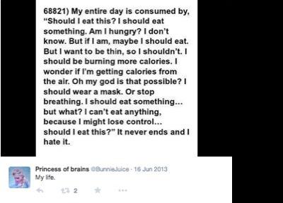 @BunnieJuice shares an image on Twitter with the caption "My life." The image reads, "My entire day is consumed by, 'Should I eat this? I should eat something. Am I hungry? I don't know. But if I am, maybe I should eat. But I want to be thin, so I shouldn't. I should be burning more calories. I wonder if I'm getting calories from the air. Oh my god is that possible? I should wear a mask. Or stop breathing. I should eat something...but what? I can't eat anything, because I might lose control.." and so on.