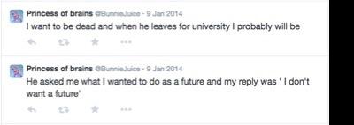 Two @BunnieJuice tweets. First one reads: "I want to be dead and when he leaves for university I probably will be." Second, she writes, "He asked me what I wanted to do as a future and my reply was 'I don't want a future.'"