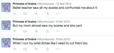 A series of tweets written by @BunnieJuice about self-harm. One: "Ballet teacher saw all my scars and confronted me about it." Two: "But my mom almost saw my scars and she can't." Three: "When I cut my wrist itches like I need to cut them too."