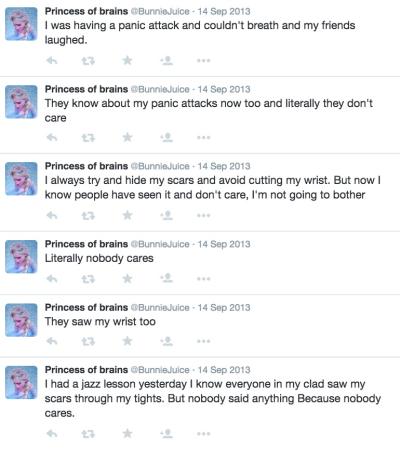 A series of tweets by @BunnieJuice that discuss her issues with panic attacks and scars. Other people, including classmates and teacher, have noticed her panic attacks and scars. No one cares, and some even laugh.