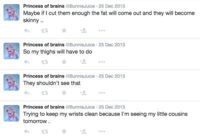 A series of tweets where @BunnieJuice first considers that cutting may help her lose fat. She also expresses concern with younger family members noticing her scars.