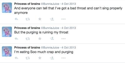 @BunnieJuice tweets about purging. It ruins her singing voice and hurts her overall wellbeing. Yet, she still feels the need to purge as a way to remain skinny.