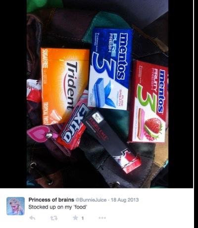 @BunnieJuice shares an image of a pile of chewing gum with the caption "Stocked up on my 'food.'"