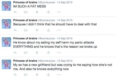 A series of tweets by @BunnieJuice where she discusses her ex-boyfriend who apparently knew about her eating disorder. She realizes they broke up because of her disorder, but her ex still seems to miss her.