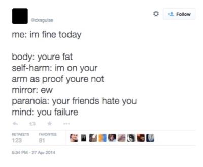 @BunnieJuice retweets a tweet by @dxsguise: "Me: I'm fine today. Body: You're fat. Self-harm: I'm on your arm as proof you're not. Mirror: ew. Paranoia: Your friends hate you. Mind: you failure."