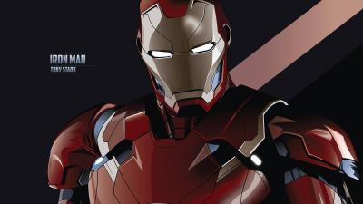 Image of Marvel's Iron Man super hero with "Iron Man" and "Tony Stark" written on the lefthand side of the photo.