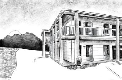 a black and white pen and ink drawing of a motel