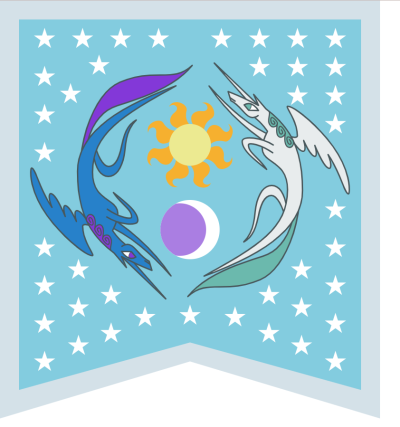 A design of two unicorns flying in the sky with the sun and moon in the middle of the image. Stars surrounding the ponies as they fly in a formation reminiscent of the yin-yang symbology. 