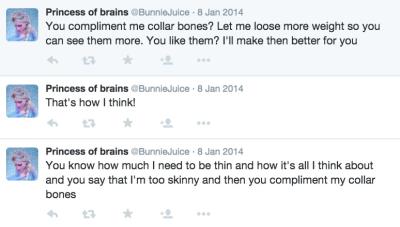 A series of tweets by @Bunniejuice that once again detail her desire to be thin enough for people to see her bones.