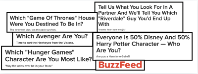 An image with the different titles of the BuzzFeed quizzes available online.